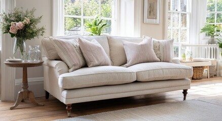 Fototapeta premium Light beige sofa in a light-filled room