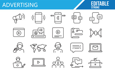 Minimalist icons for advertising and marketing, featuring megaphone, phone, charts, and social media.