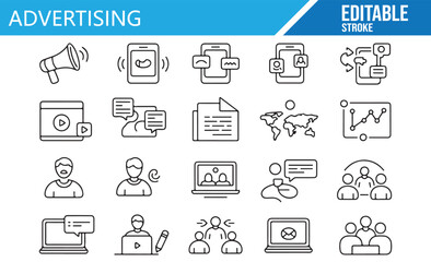 Collection of vector icons for advertising including phone, social media, analytics, and communication.