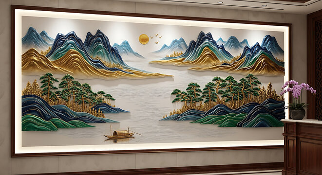 Decorative landscape painting with mountains trees water and a small boat on a wall in a room