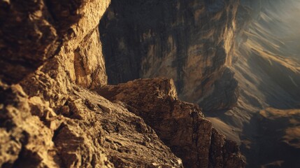 Obraz premium A high-altitude rocky cliff bathed in soft golden light, shadows stretching across sharp edges of the stone surface.
