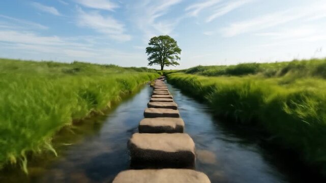 Stepping stones path through water leading to tree in natural landscape