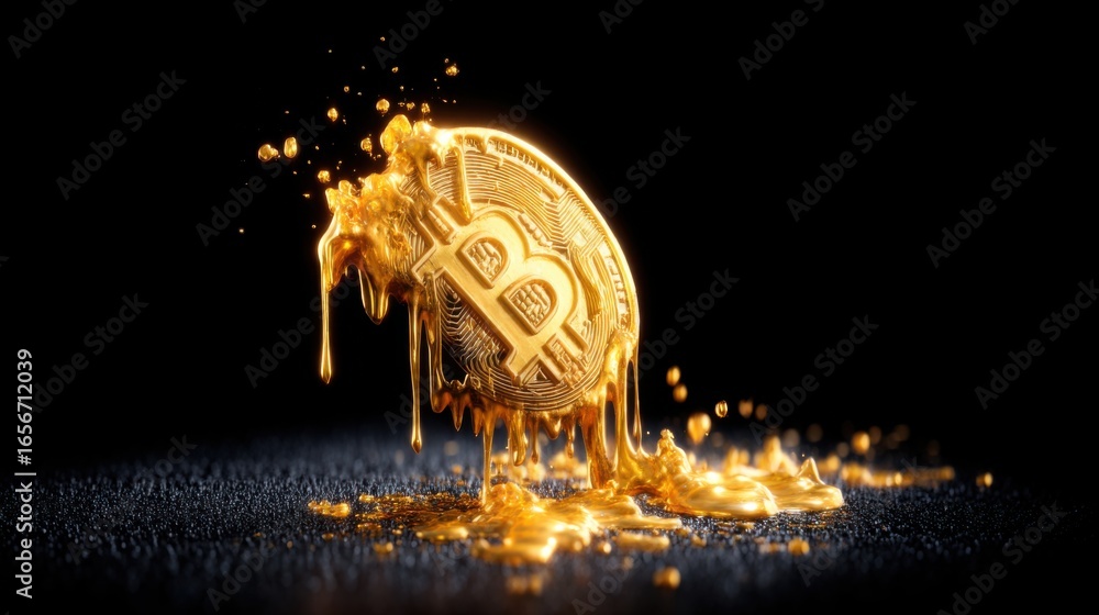 Poster a golden bitcoin appears to be melting, creating a striking visual effect against a dark background,