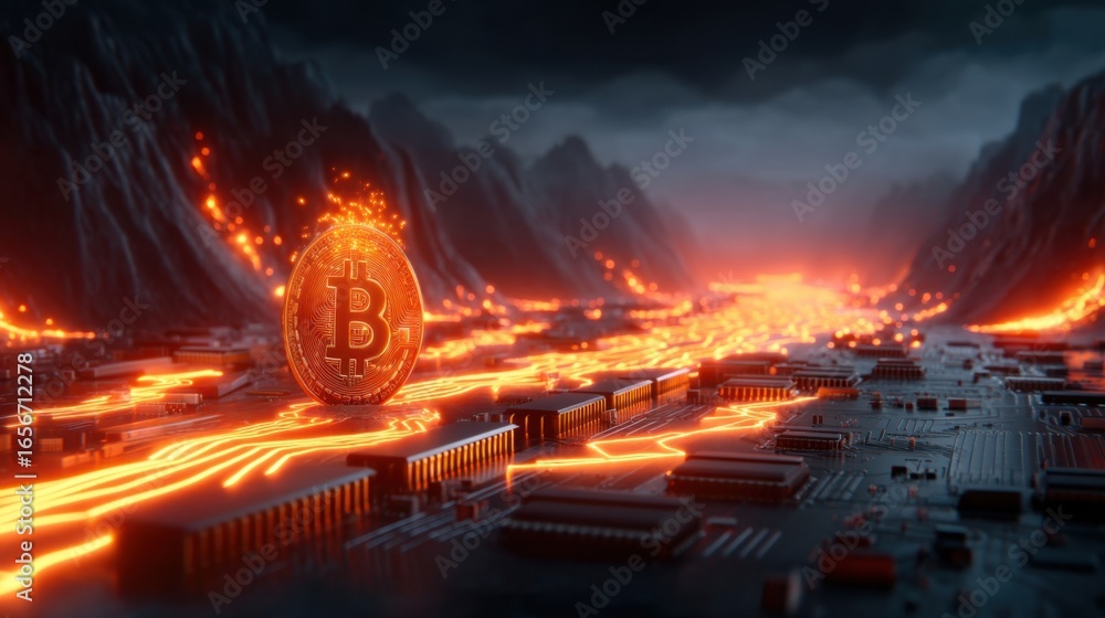 Poster a futuristic landscape featuring a bitcoin symbol amidst flowing lava and circuit patterns, symboliz