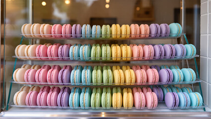 Colorful pastel macarons arranged in rows on transparent trays in pastry display. French almond cookies in assorted rainbow colors.