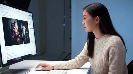 Asian Woman, focused, reviewing photos on a desktop computer in a bright, modern studio