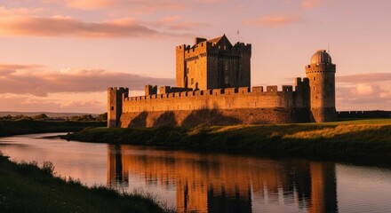 Ancient stone castle, golden hour, reflected in tranquil water