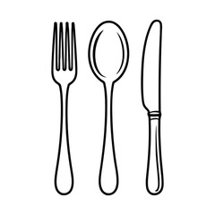 Vector illustration of a fork, spoon, and knife in black outline on a white background for kitchen and dining concepts