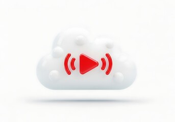 3D glossy white cloud icon with a red play button and radiating signals, symbolizing online streaming and cloud media services.