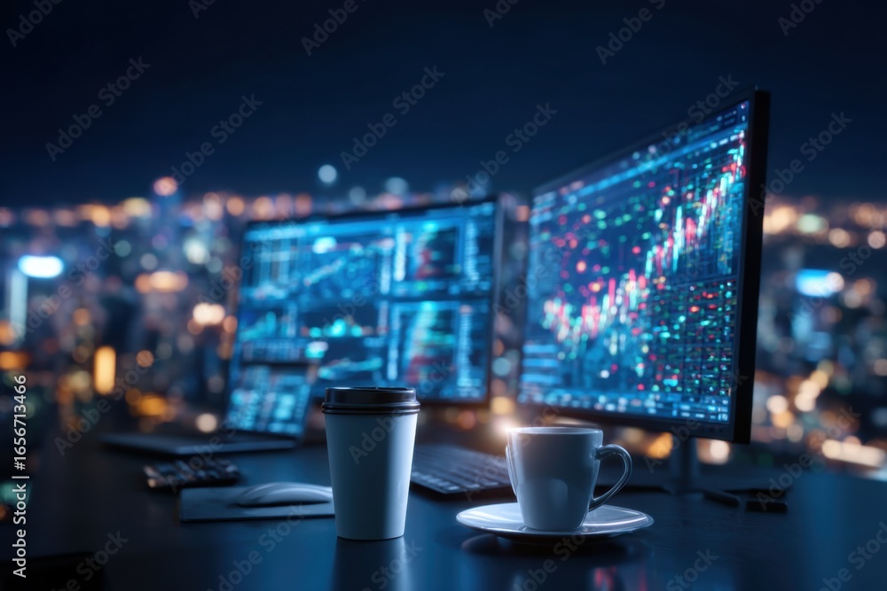 Poster a cozy workspace at night featuring two monitors displaying data charts, accompanied by a coffee cup