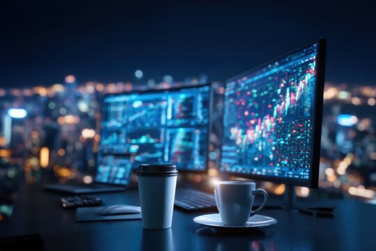 A cozy workspace at night featuring two monitors displaying data charts, accompanied by a coffee cup, creating a productive atmosphere.
