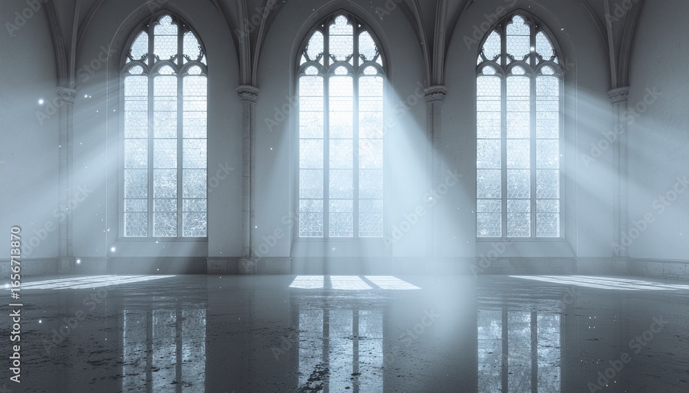 Poster interior of a grand hall with arched windows and sunbeams streaming through casting reflections on t