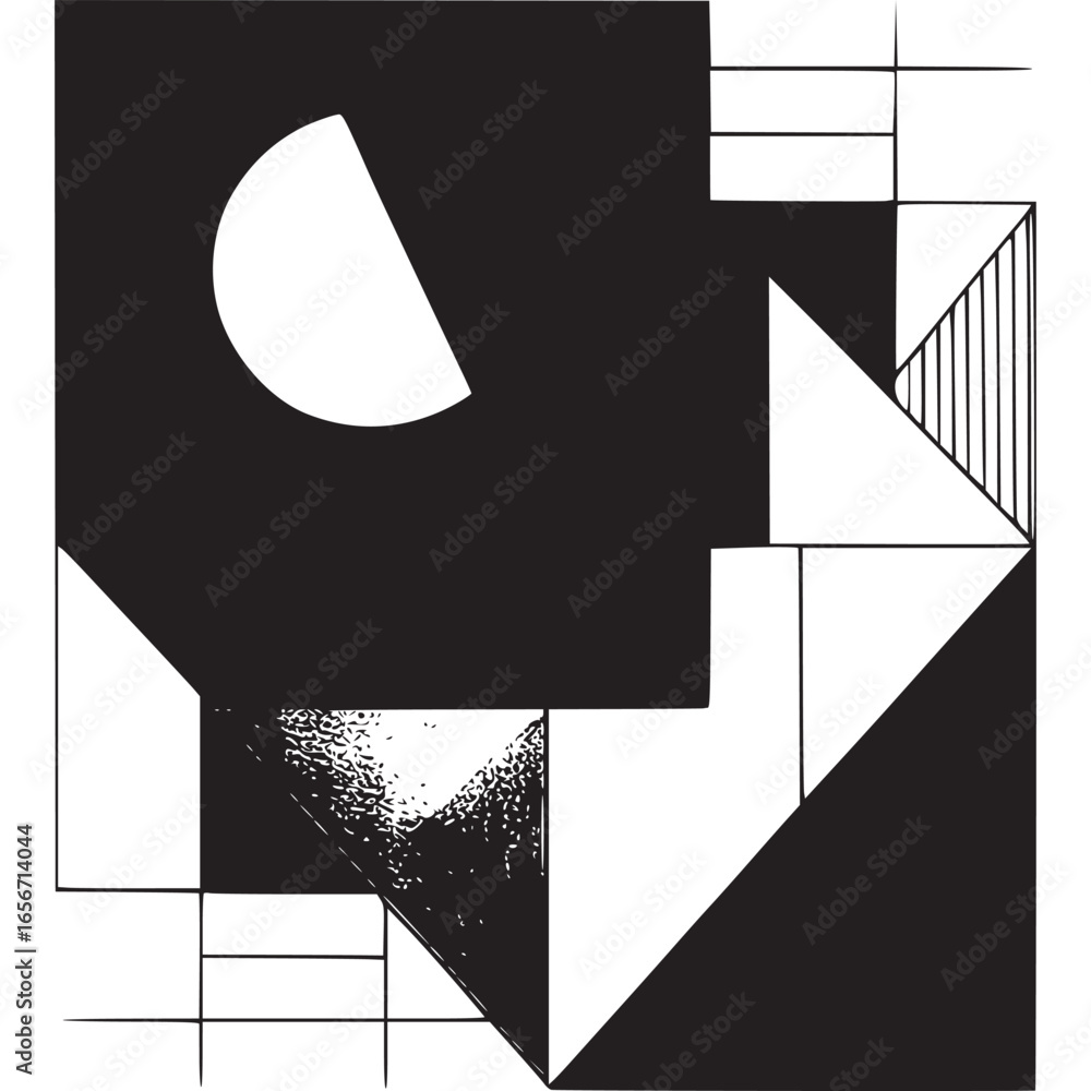 Poster vector art of abstract geometric shape design with squares, circles and triangles in red, black, whi