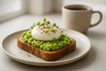 Healthy and delicious breakfast of avocado toast topped with a perfectly poached egg, microgreens, and a sprinkle of chili flakes.