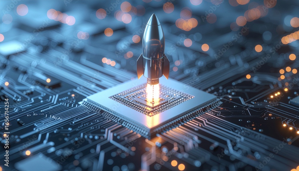 Poster conceptual illustration of a rocket launching from a microchip representing technological advancemen