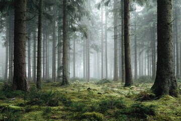 Obraz premium Misty forest scene with tall trees