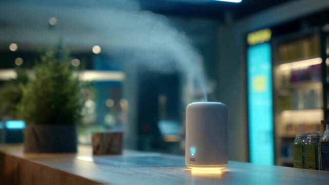 Medium shot of an aroma diffuser emitting gentle mist the mist and digital biometric sensor panel sharply focused set against a blurred kiosk environment highlighting stress