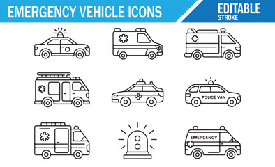 Editable icons of emergency response vehicles such as ambulances, police cars, and fire trucks.