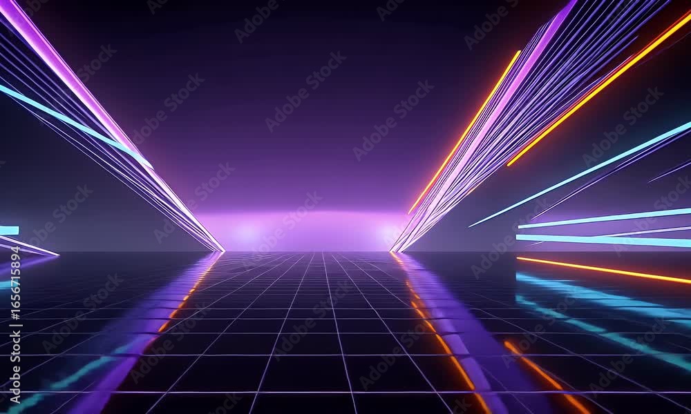 Poster a dark background with neon lights, futuristic and dynamic lines of light on the sides, glowing line