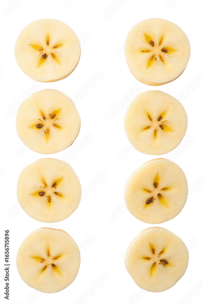 Poster sliced bananas arranged in vertical pattern, showcasing their smooth texture and natural color. imag