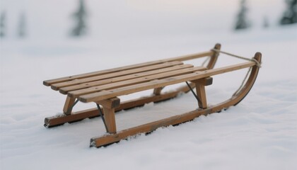 Wooden sled resting on snow in winter landscape  