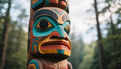 Native American totem pole art in forest setting with colorful details, Alaska history culture