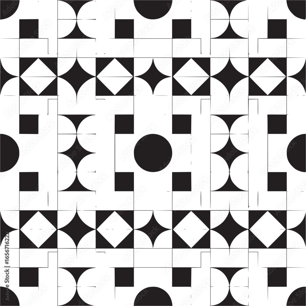 Poster vector art of abstract geometric seamless pattern with squares, circles and triangles in black and w