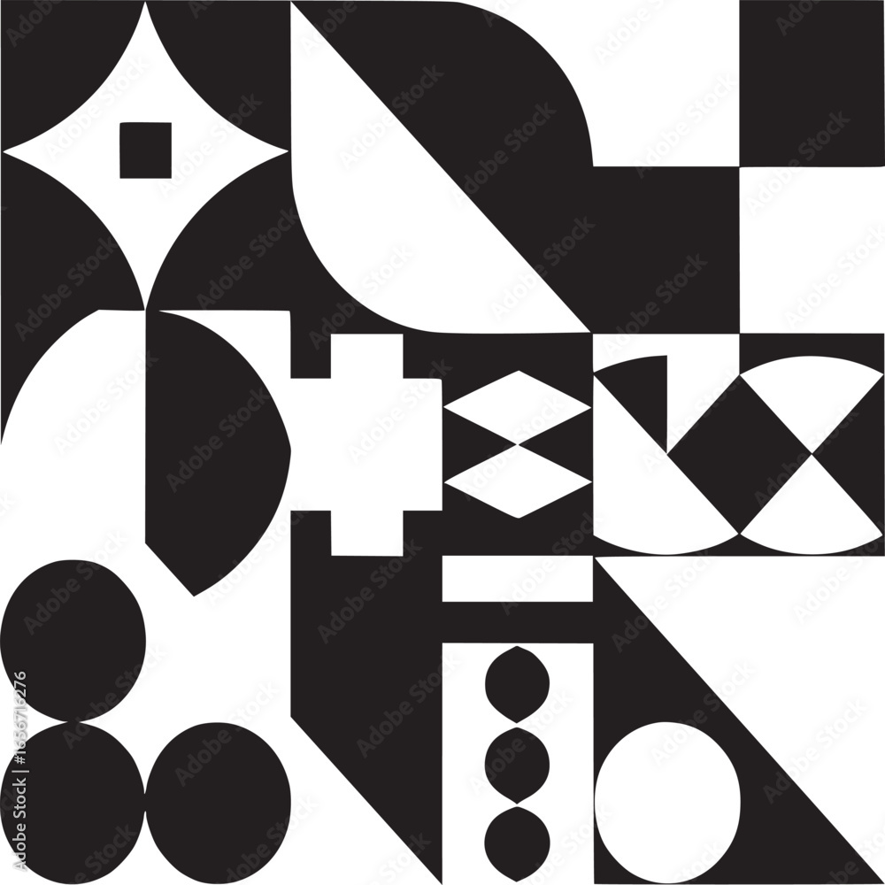 Poster vector art of abstract geometric composition with squares, circles and triangles in black and white 