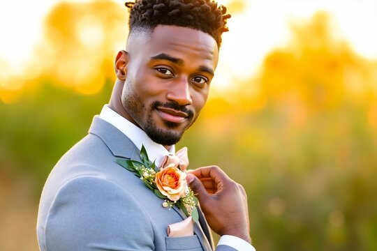 A man in a gray suit with a flower boutonniere on his lapel