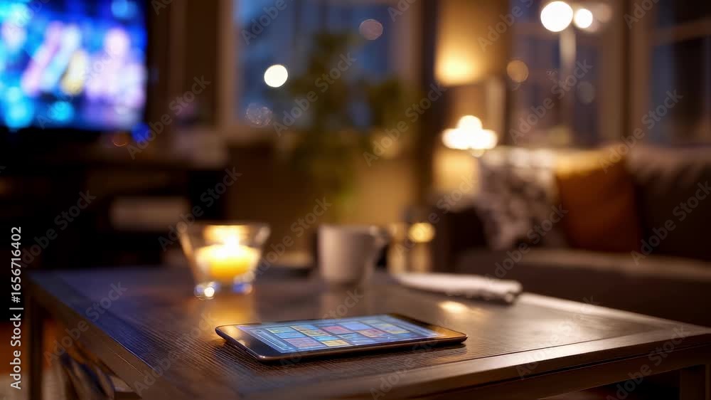 Poster medium shot of a coffee table with a tablet in sharp focus running a synchronized trivia game while 