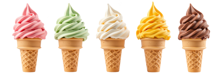 Delicious ice cream cones in various flavors including pink, green, white, yellow, and brown, showcasing delightful treat
