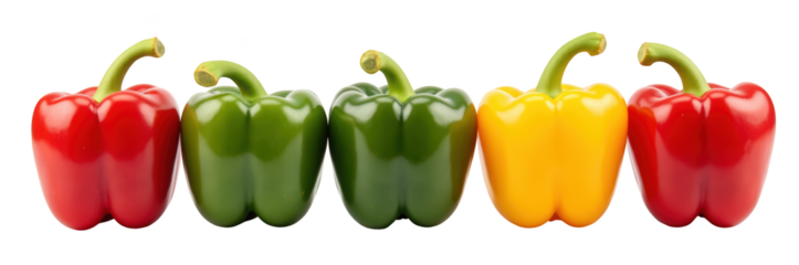 Fresh bell peppers in vibrant colors, including red, green, and yellow, arranged in row. These vegetables are perfect for healthy meals and snacks