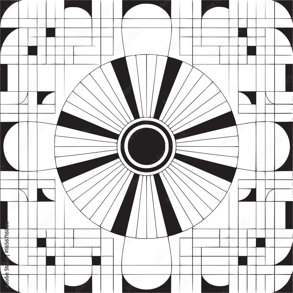 Poster vector art of geometric pattern with circles, squares, and lines creating an abstract design