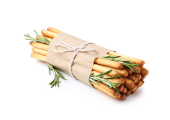 Delicious grissini sticks with rosemary isolated on white
