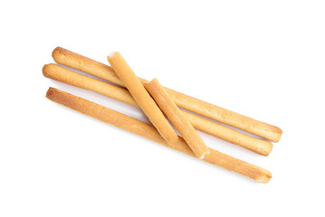 Delicious grissini sticks isolated on white, top view