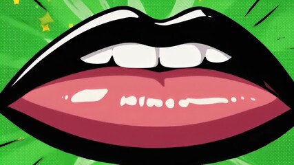Abstract pop art style close-up of open mouth with black lipstick and bright green background - Powered by Adobe