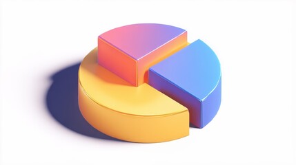 A pie chart with shadows clipart, data analytics element, 3D isometric render, cool tones, isolated on white background.