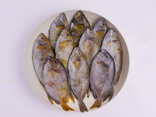 Fresh fish on a plate isoleted on white background. Ikan dingkis, ikan kuwe, rabbitfish, siganidae,...