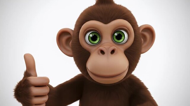 Cartoon monkey with green eyes and brown fur gives a thumbs-up on white background