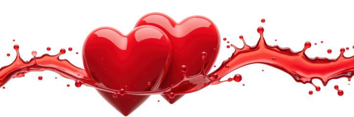Shiny red hearts with splashes of red liquid create vibrant and romantic atmosphere, perfect for expressing love and passion