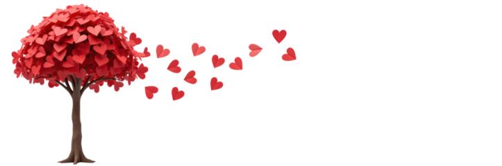 Vibrant tree with heart shaped leaves releases red hearts into air, symbolizing love and affection. This enchanting scene evokes warmth and joy