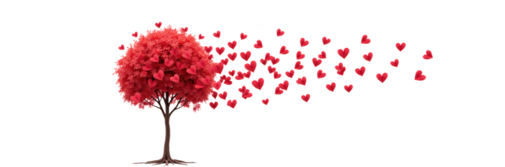 Vibrant tree with red foliage releases flurry of heart shaped leaves, symbolizing love and affection in whimsical manner
