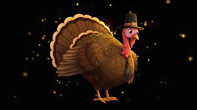 Animated cartoon turkey wearing a pilgrim hat, centered on a starry dark background