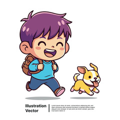 Cheerful young boy with a backpack happily running alongside his loyal pet dog, enjoying outdoor play and adventure.