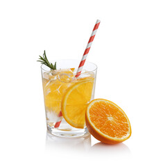 Sparkling water with orange slices in glass, rosemary and fresh fruit isolated on white