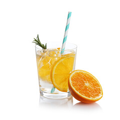 Sparkling water with orange slices in glass, rosemary and fresh fruit isolated on white