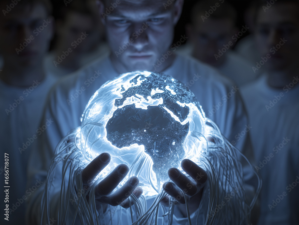 Poster group of network engineers holding glowing globe, symbolizing global connectivity and technology. th
