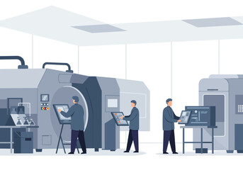 A clean modern factory scene with three workers monitoring industrial machines via digital control panels