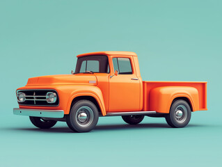 Classic orange pickup truck with retro design, showcasing minimalistic 3D illustration style. vehicle stands out against soft turquoise background, evoking nostalgia and charm