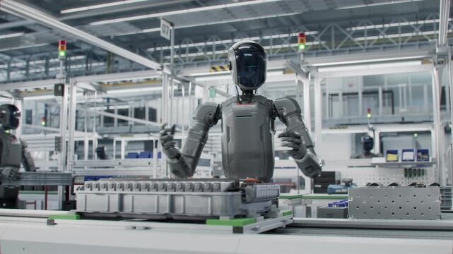 3D Animation: Autonomous AI-Powered Humanoid Robots Work at Factory on Assembly Line. Human Like Robot Working on Complex Detail in Industrial Environment. Industrial Automation AI  Accelerated.